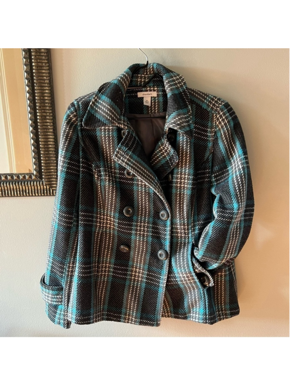 Dress Barn Woman’s Peacoat Blue Black Plaid Button Up Size Medium - Picture 6 of 7